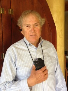 Ed Gallagher wearing a bluetooth earpiece and the Genoa pouch with wide-angle lens